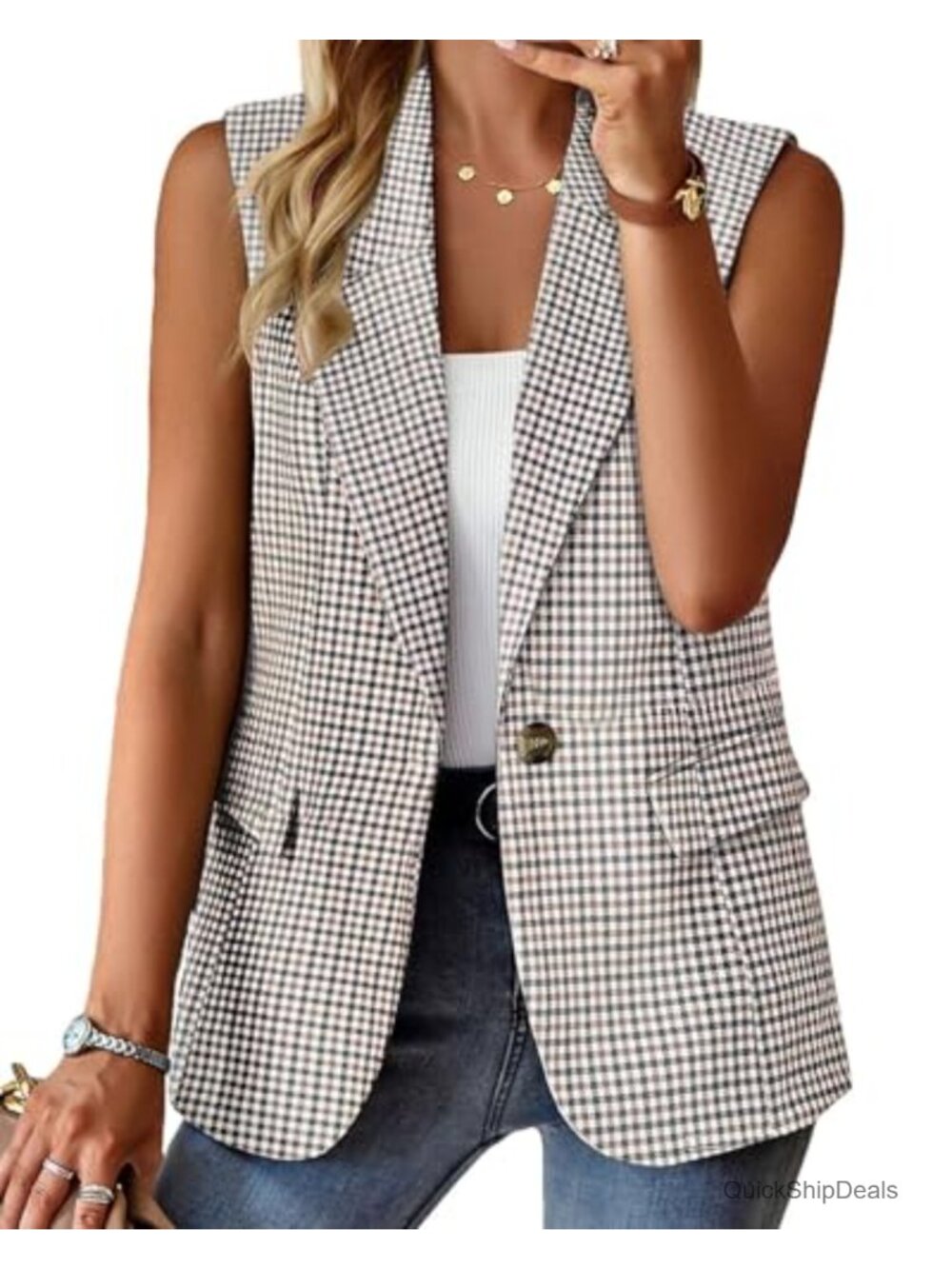 Sleeveless Open Front Blazer Vest with Pockets